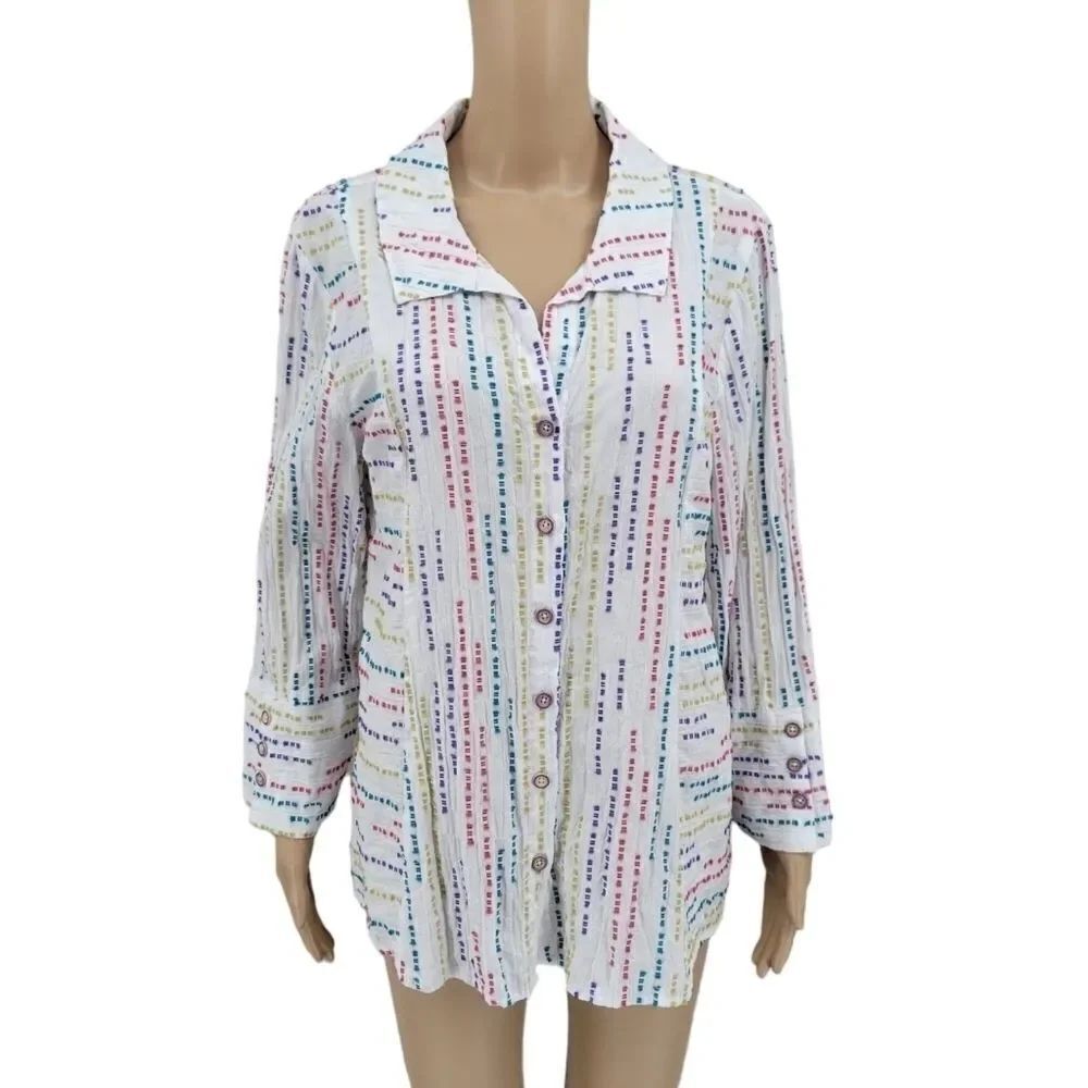 HABITAT Women's Small Oversized Button Front Blouse Cotton Colorful Artsy